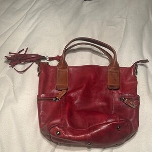 Elegant Red Leather Shoulder Bag with Brown Accents